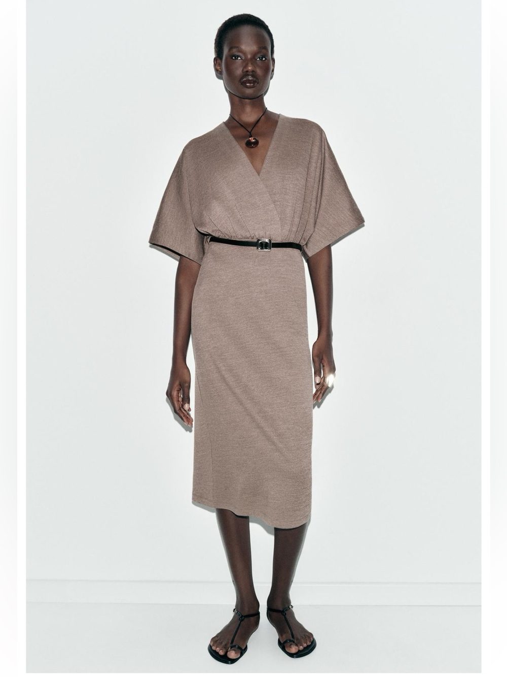 ZARA BELTED PIQUE MIDI DRESS